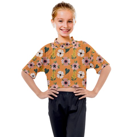 Flower Orange Pattern Floral Kids Mock Neck Tee by Dutashop