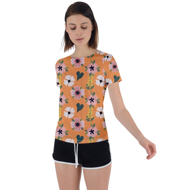 Flower Orange Pattern Floral Back Circle Cutout Sports Tee