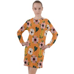 Flower Orange Pattern Floral Long Sleeve Hoodie Dress