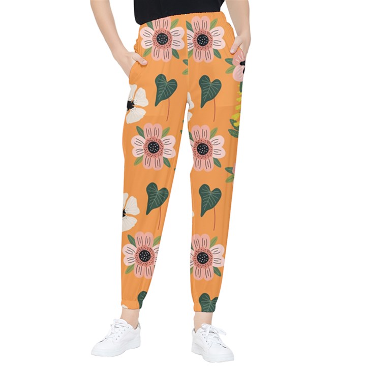 Flower Orange Pattern Floral Tapered Pants