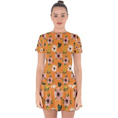 Flower Orange Pattern Floral Drop Hem Mini Chiffon Dress