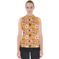 Flower Orange Pattern Floral Mock Neck Shell Top by Dutashop