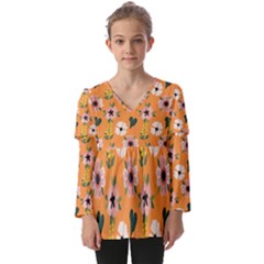 Flower Orange Pattern Floral Kids  V Neck Casual Top by Dutashop