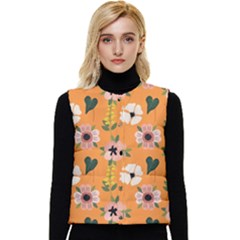 Flower Orange Pattern Floral Women s Short Button Up Puffer Vest