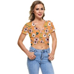 Flower Orange Pattern Floral Short Sleeve Foldover Tee