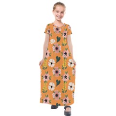 Flower Orange Pattern Floral Kids  Short Sleeve Maxi Dress by Dutashop