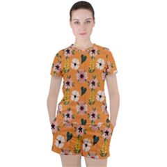 Flower Orange Pattern Floral Women s Tee And Shorts Set