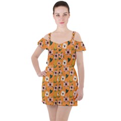 Flower Orange Pattern Floral Ruffle Cut Out Chiffon Playsuit by Dutashop