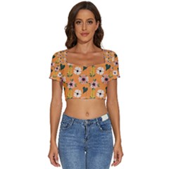 Flower Orange Pattern Floral Short Sleeve Square Neckline Crop Top  by Dutashop