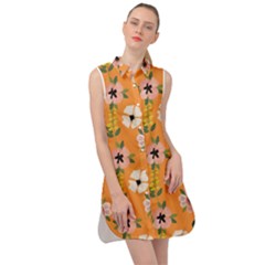 Flower Orange Pattern Floral Sleeveless Shirt Dress by Dutashop