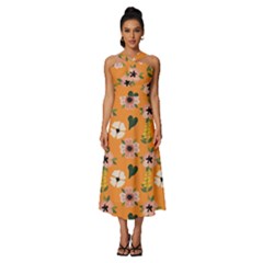 Flower Orange Pattern Floral Sleeveless Cross Front Cocktail Midi Chiffon Dress