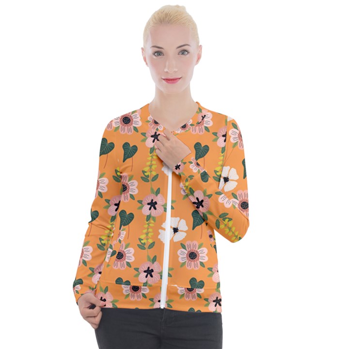 Flower Orange Pattern Floral Casual Zip Up Jacket