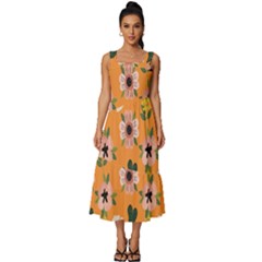 Flower Orange Pattern Floral Square Neckline Tiered Midi Dress by Dutashop