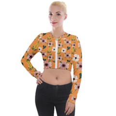 Flower Orange Pattern Floral Long Sleeve Cropped Velvet Jacket by Dutashop