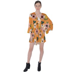 Flower Orange Pattern Floral V-neck Flare Sleeve Mini Dress by Dutashop