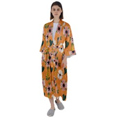 Flower Orange Pattern Floral Maxi Satin Kimono by Dutashop