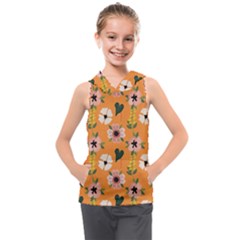 Flower Orange Pattern Floral Kids  Sleeveless Hoodie by Dutashop