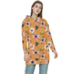 Flower Orange Pattern Floral Women s Long Oversized Pullover Hoodie