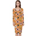 Flower Orange Pattern Floral Long Sleeve V-Neck Bodycon Dress  View1