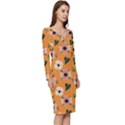 Flower Orange Pattern Floral Long Sleeve V-Neck Bodycon Dress  View3