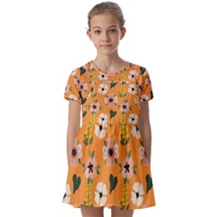 Flower Orange Pattern Floral Kids  Short Sleeve Pinafore Style Dress by Dutashop