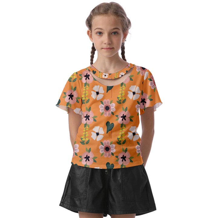 Flower Orange Pattern Floral Kids  Front Cut Tee