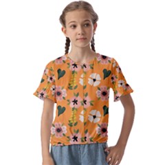 Flower Orange Pattern Floral Kids  Cuff Sleeve Scrunch Bottom Tee