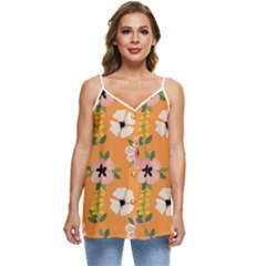 Flower Orange Pattern Floral Casual Spaghetti Strap Chiffon Top