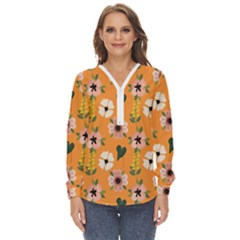 Flower Orange Pattern Floral Zip Up Long Sleeve Blouse