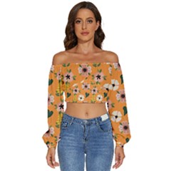 Flower Orange Pattern Floral Long Sleeve Crinkled Weave Crop Top