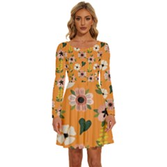 Flower Orange Pattern Floral Long Sleeve Wide Neck Velvet Dress