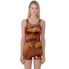 Watercolor Leaves Leaf Orange One Piece Boyleg Swimsuit