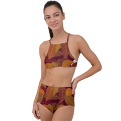 Watercolor Leaves Leaf Orange High Waist Tankini Set by Jancukart