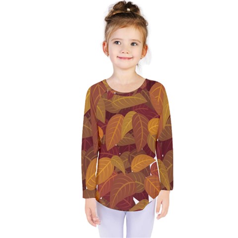 Watercolor Leaves Leaf Orange Kids  Long Sleeve Tee by Jancukart