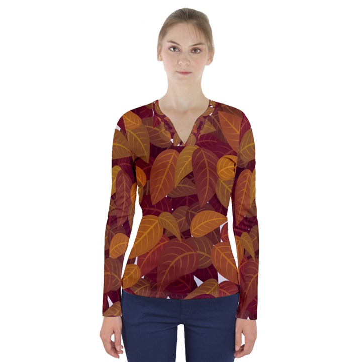 Watercolor Leaves Leaf Orange V-Neck Long Sleeve Top