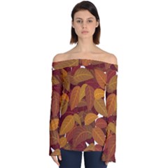 Watercolor Leaves Leaf Orange Off Shoulder Long Sleeve Top by Jancukart