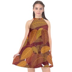 Watercolor Leaves Leaf Orange Halter Neckline Chiffon Dress 