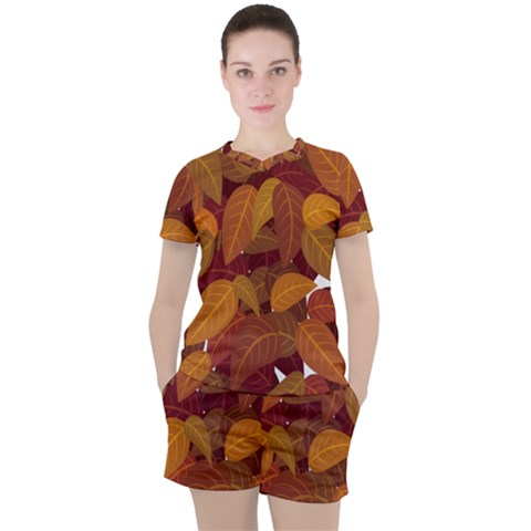 Watercolor Leaves Leaf Orange Women s Tee And Shorts Set by Jancukart