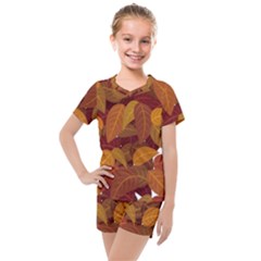 Watercolor Leaves Leaf Orange Kids  Mesh Tee And Shorts Set