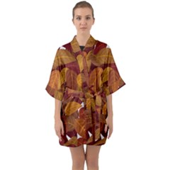 Watercolor Leaves Leaf Orange Half Sleeve Satin Kimono 