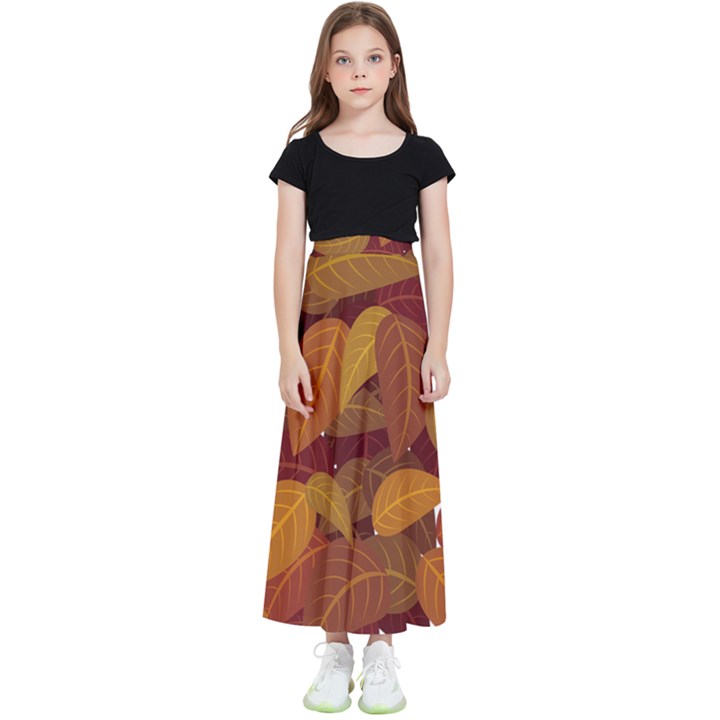 Watercolor Leaves Leaf Orange Kids  Flared Maxi Skirt