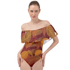 Watercolor Leaves Leaf Orange Off Shoulder Velour Bodysuit 