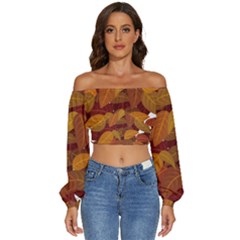 Watercolor Leaves Leaf Orange Long Sleeve Crinkled Weave Crop Top