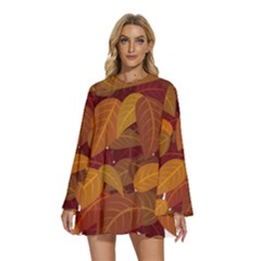 Watercolor Leaves Leaf Orange Round Neck Long Sleeve Bohemian Style Chiffon Mini Dress