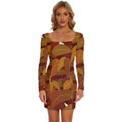 Watercolor Leaves Leaf Orange Long Sleeve Square Neck Bodycon Velvet Dress