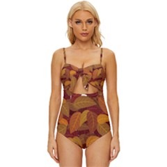 Watercolor Leaves Leaf Orange Knot Front One-piece Swimsuit by Jancukart