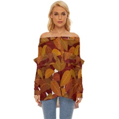 Watercolor Leaves Leaf Orange Off Shoulder Chiffon Pocket Shirt