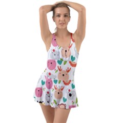 Cute Animals Cartoon Seamless Background Ruffle Top Dress Swimsuit