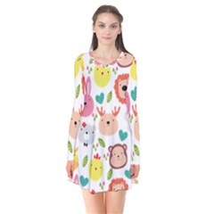 Cute Animals Cartoon Seamless Background Long Sleeve V-neck Flare Dress