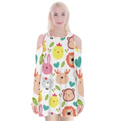 Cute Animals Cartoon Seamless Background Velvet Long Sleeve Shoulder Cutout Dress